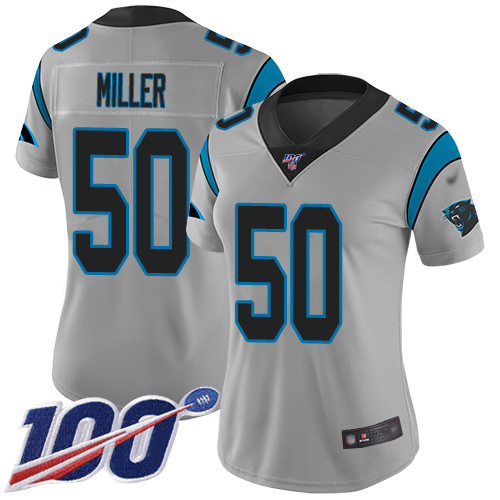 Carolina Panthers Limited Silver Women Christian Miller Jersey NFL Football 50 100th Season Inverted Legend